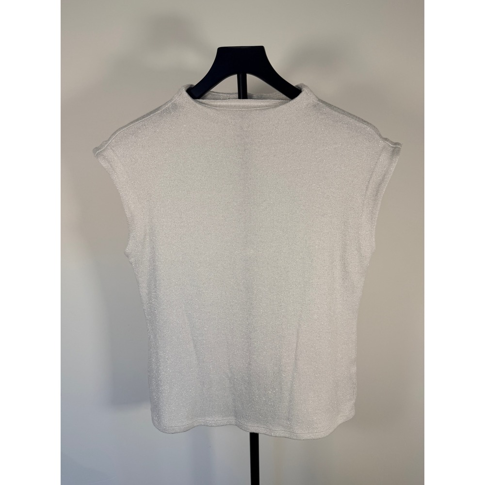 Banana Republic Silver Metallic Mock Neck Sleeveless Knit Top Blouse Large